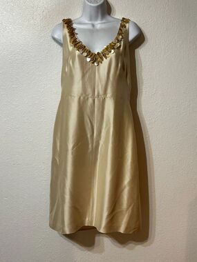 Y2K Vintage Banana Republic Silk Satin Gold Paillette Sequin Shift Dress Size 8